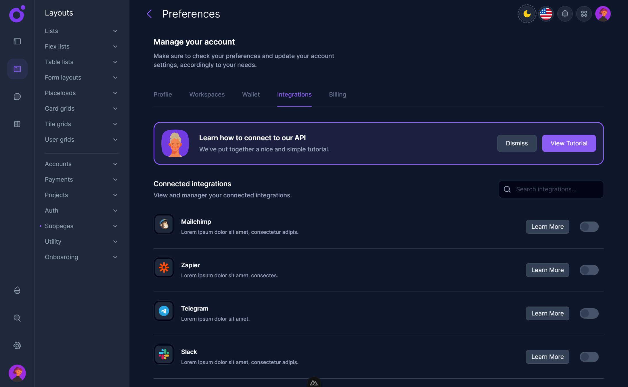 Tairo - Preferences - Integrations